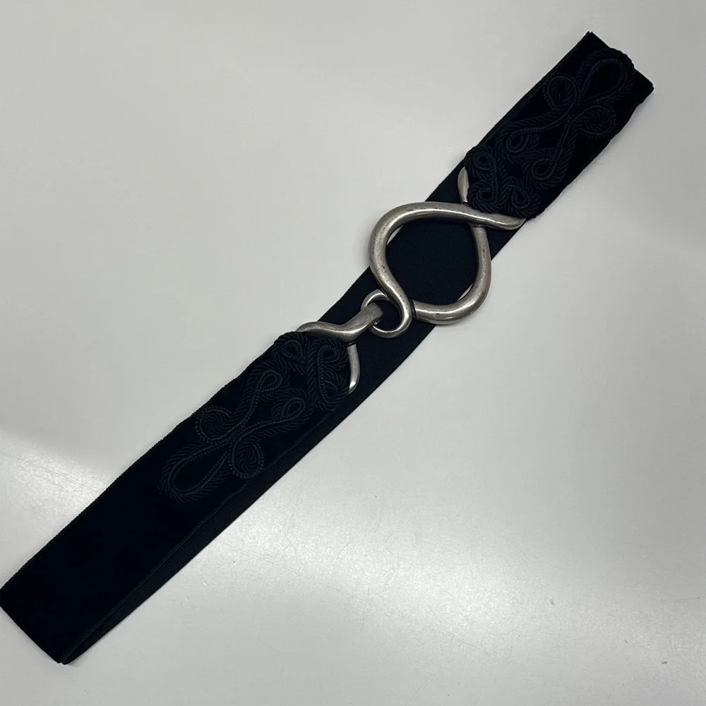 Suzi Roher Belt Velvet Velour Corded Stretch Metal Buckle Silver Black Large